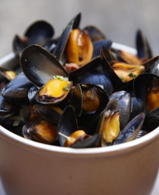 Mussels with chorizo and cider