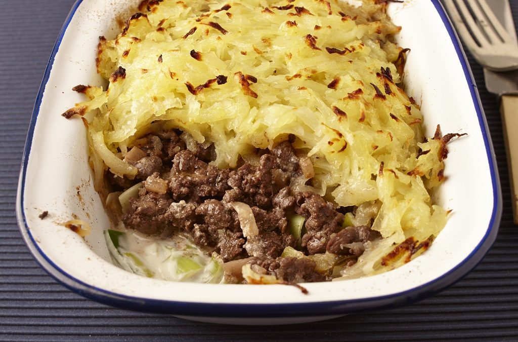 Venison and leek pie with rosti topping